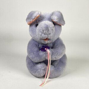 1990 Gund Kiss Kiss Purple Pig Plush Stuffed Animal Holding Flowers 9"